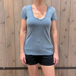 We The Free Blue Cotton Blend V Neck T-Shirt